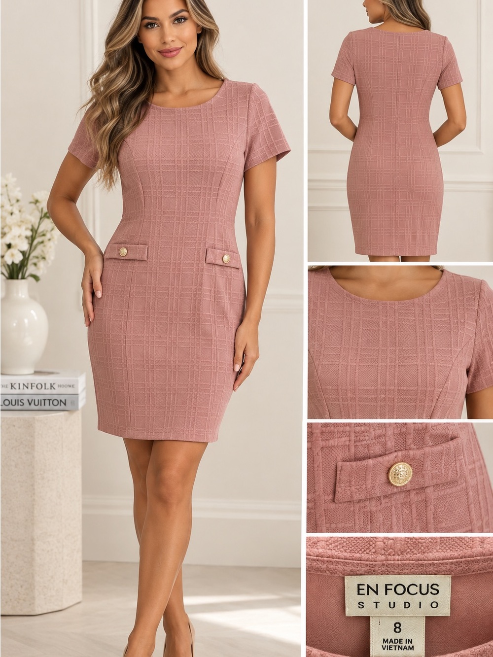 Enfocus Studio Rosewood Textured Short Sleeve Sheath Dress